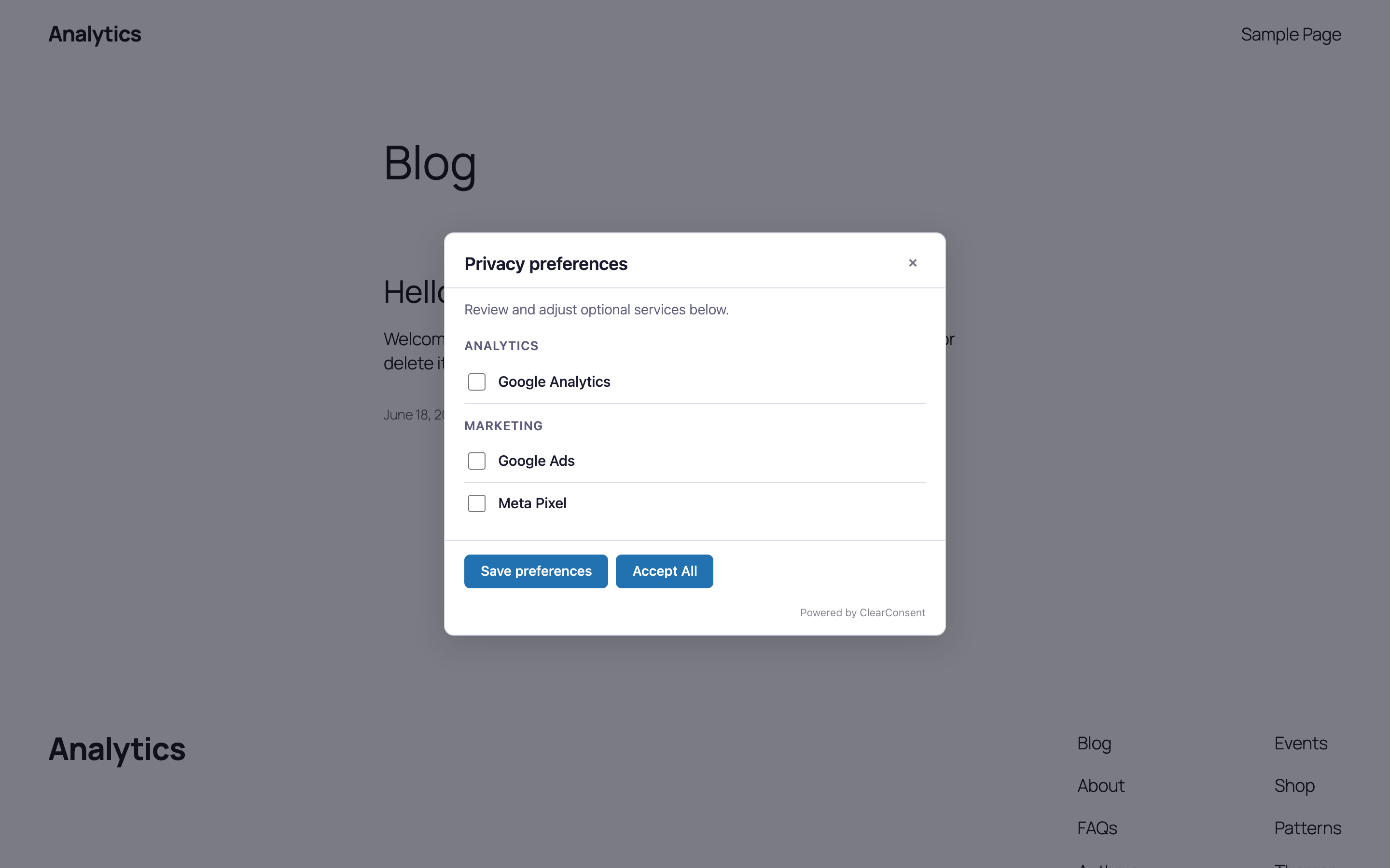 The CoreConsent preferences modal showing services grouped by Analytics and Marketing