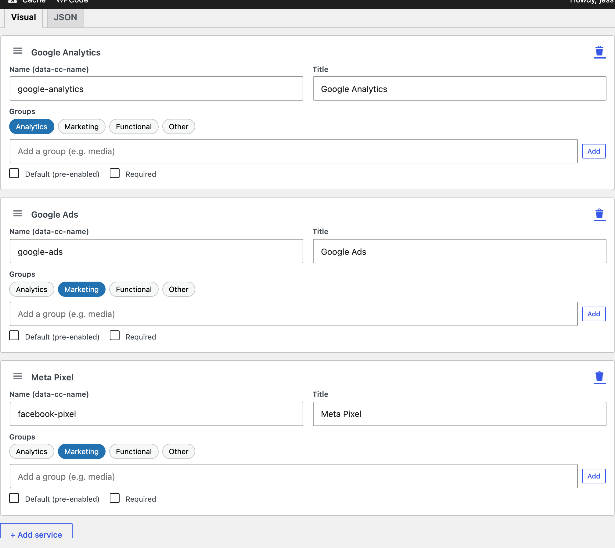 The CoreConsent Services tab listing managed services with their categories