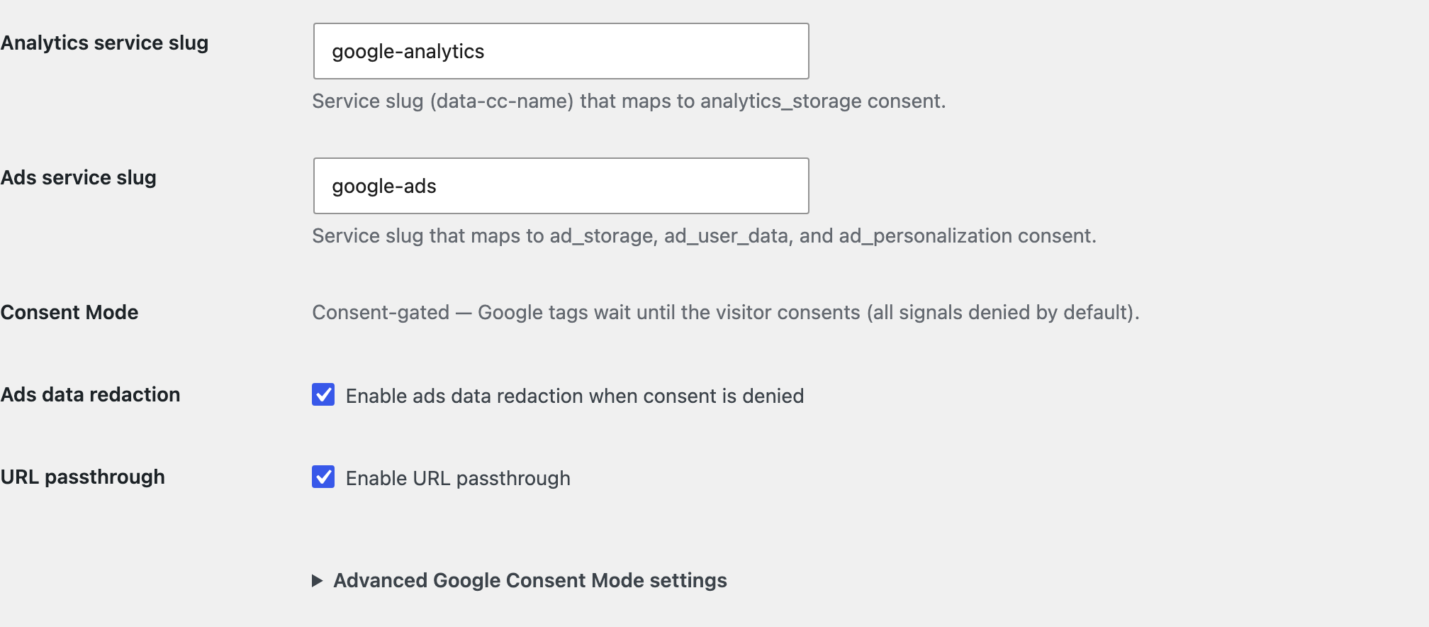 The CoreConsent Google Consent Mode settings