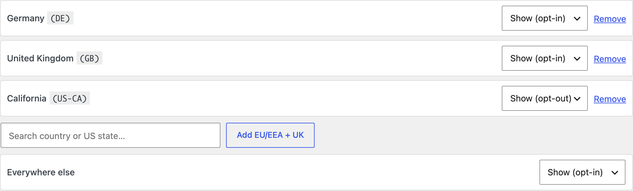 The CoreConsent Geo-targeting editor with region rules