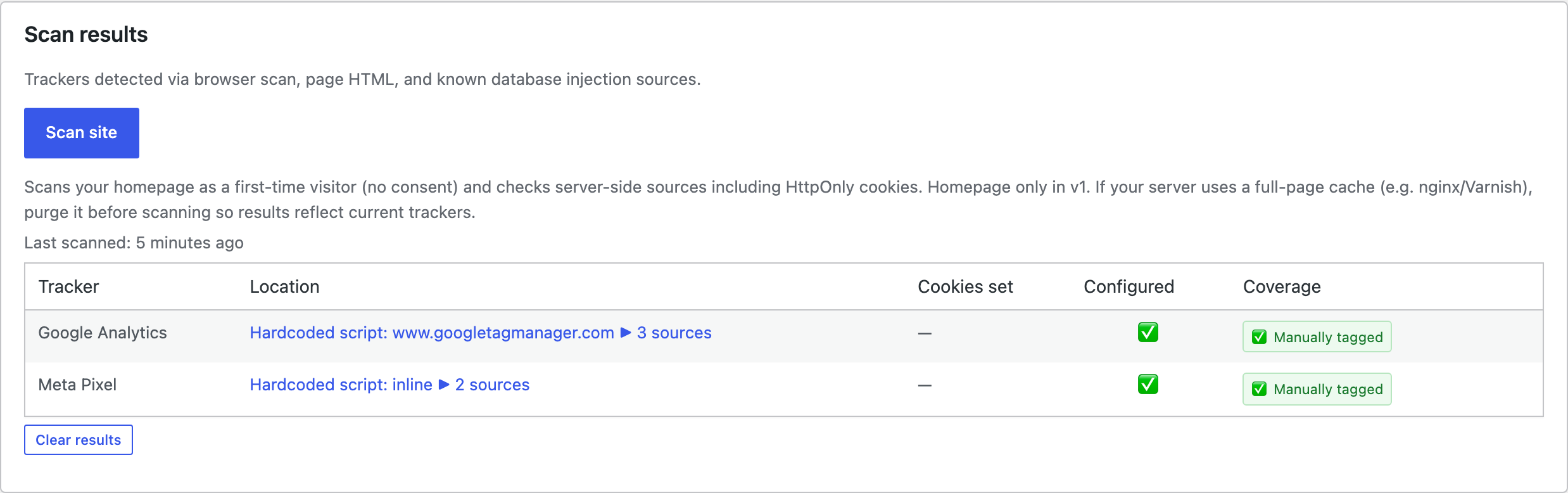 CoreConsent scan results listing detected trackers with their configuration status