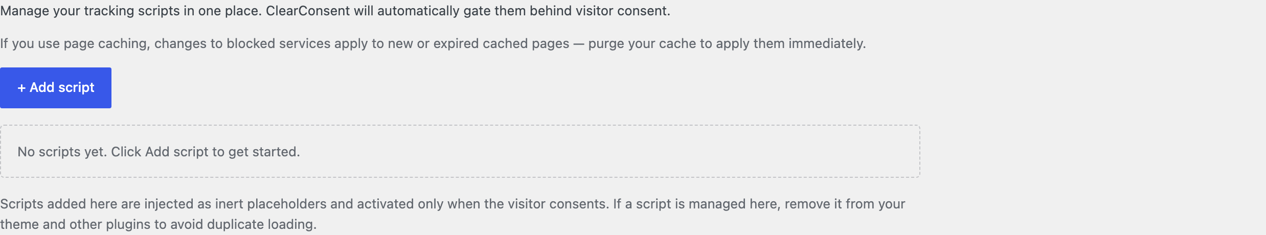 The CoreConsent Script Manager listing managed scripts