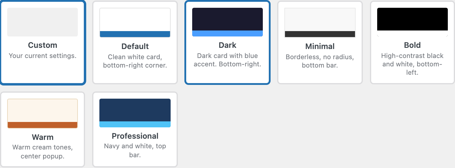 The CoreConsent appearance settings with banner templates