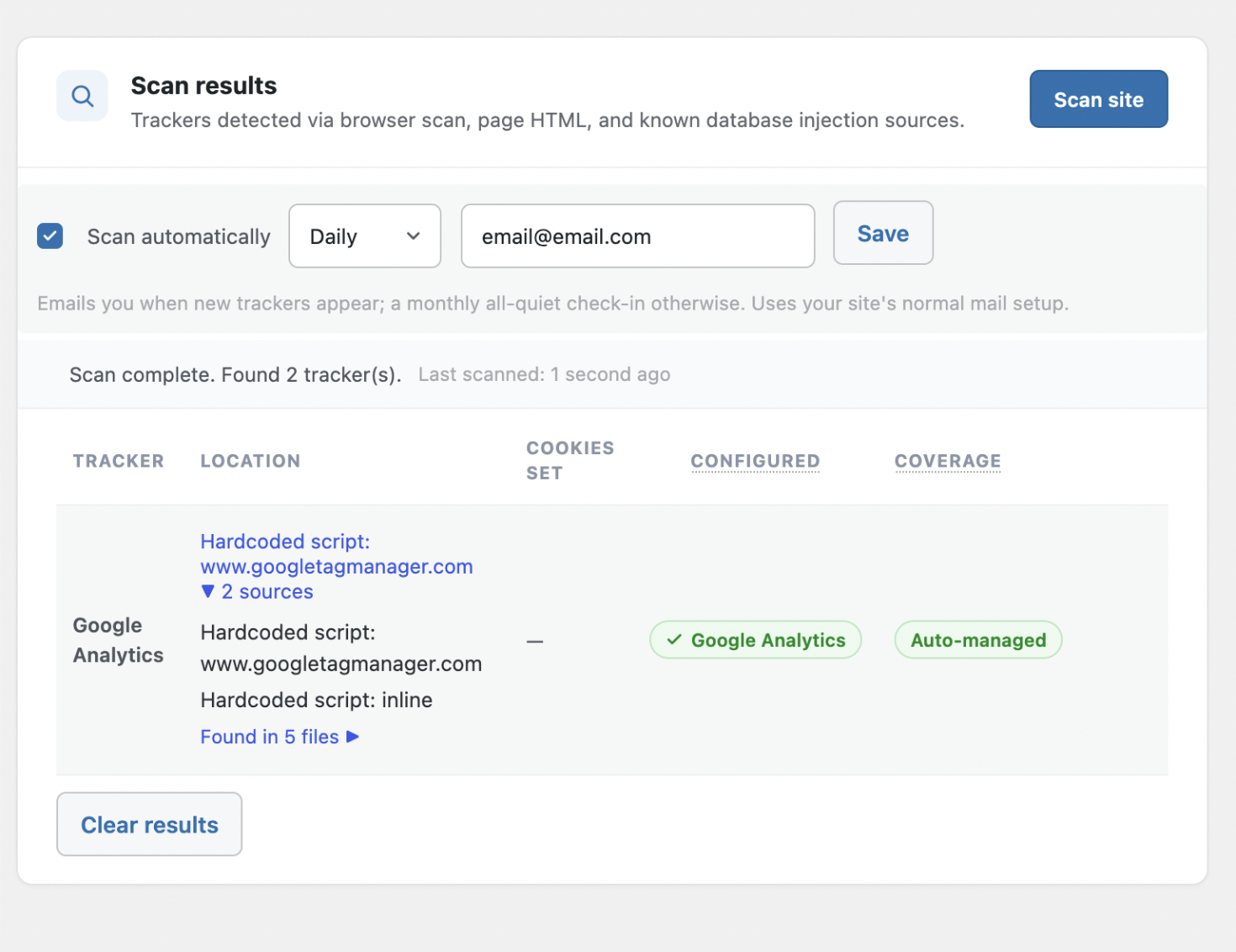 CoreConsent scan results listing detected trackers with coverage status
