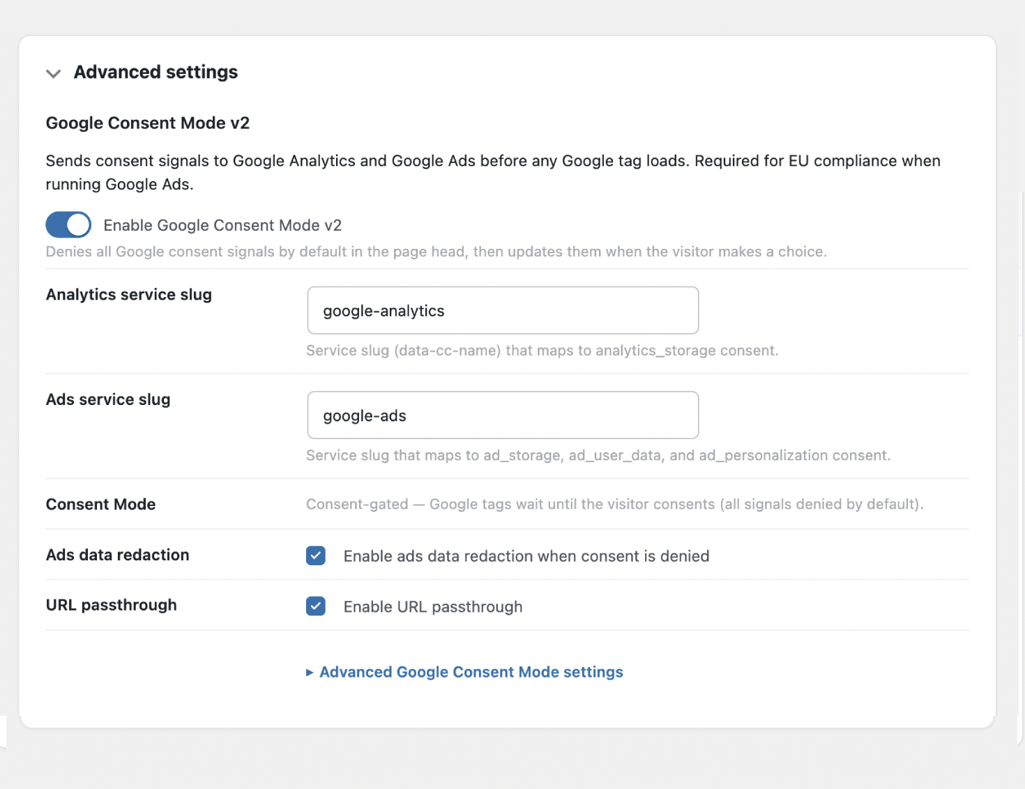 Google Consent Mode v2 settings